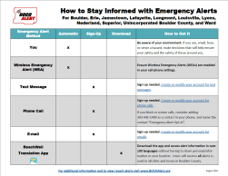 “How to Stay Informed with Emergency Alerts” flyer for Boulder, Erie, Jamestown, Lafayette, Longmont, Louisville, Lyons, Nederland, Superior, Unincorporated Boulder County, and Ward. The flyer includes a table listing emergency alert methods and whether they are automatic, require sign‑up, or require downloading an app, along with instructions for how to get each alert type.